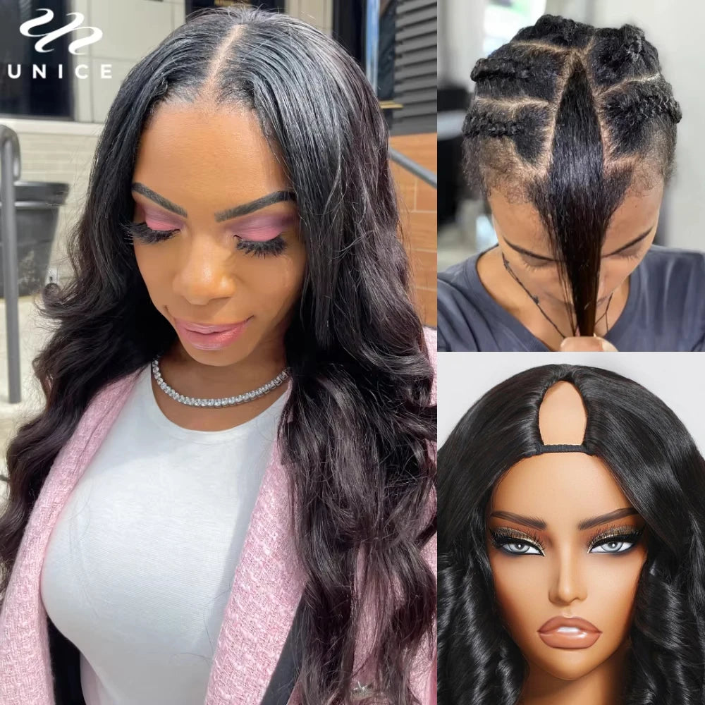 UNice Body Wave V Part Wig With Drawstring Natural Color 100% Human Hair Wigs Clip In V-Part Wig Mini Leave Out 180% Density