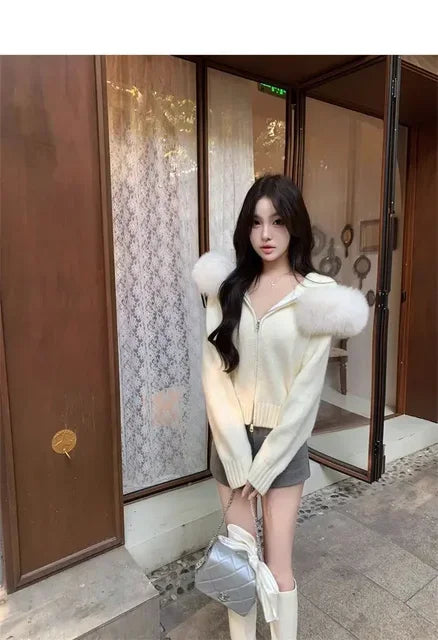Winter Women Old Money Girl Long Sleeve Full Zip Cardigan Sweater Cuddly Hoodies Knitwear 2000s Aesthetic Korean Fashion Sweater