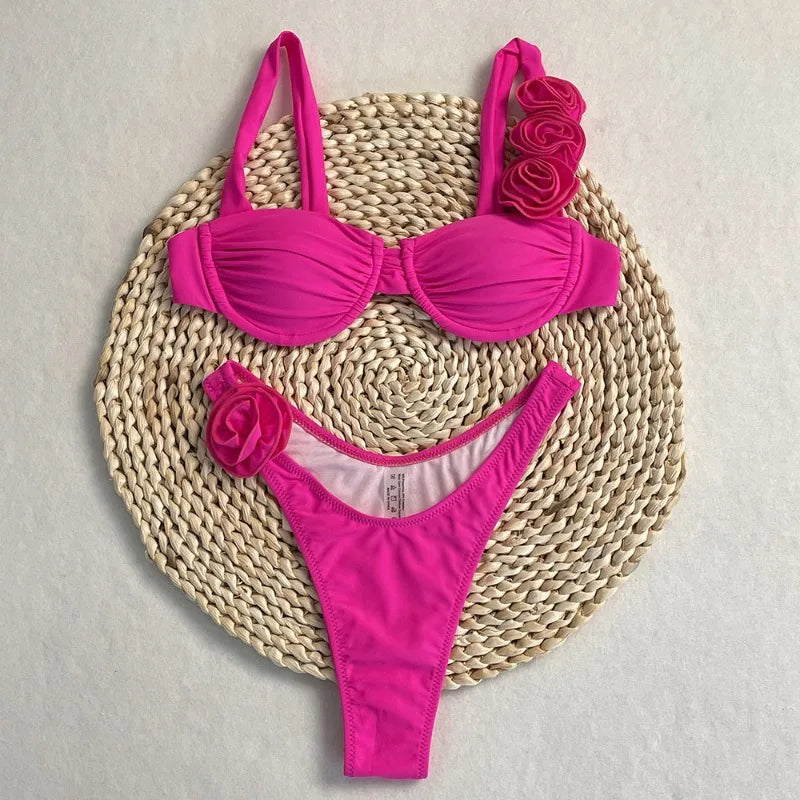 Style Flower Bikinis Women's 2 Piece 3D Rose Bikini Set High Cut Cheeky Swimsuit Floral Appliques Bathing Suit