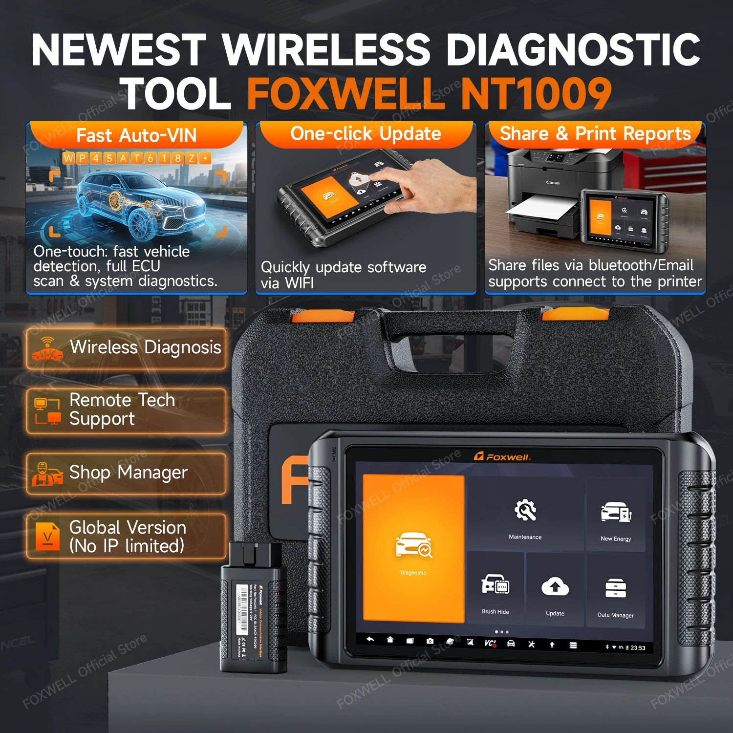 FOXWELL NT1009 OBD2 Car Scanner All System ECU Coding Bidirectional CANFD DOIP Topology Mapping 36+ Reset Auto Diagnosis Tools