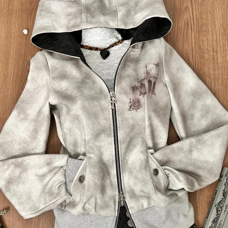 Y2k Aesthetic Vintage Printing Pocket Hoodies Gothic Fairy Grunge Hooded Jackets Autumn Women Double Zippers Punk Sweatshirt