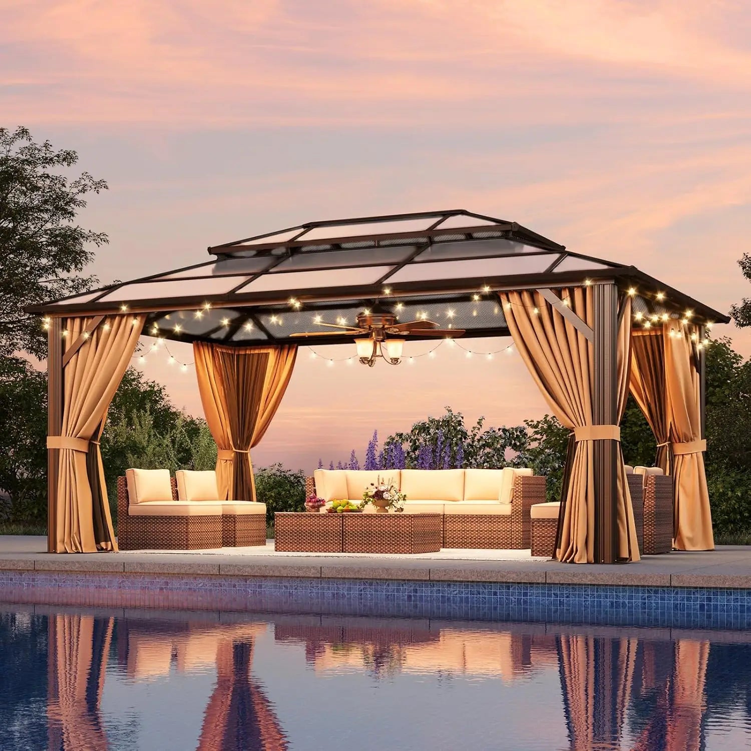 12'x16' Hardtop Gazebo, Outdoor Metal Gazebo with Double Polycarbonate Roof Canopy, Permanent Pavilion with Netting, Customized