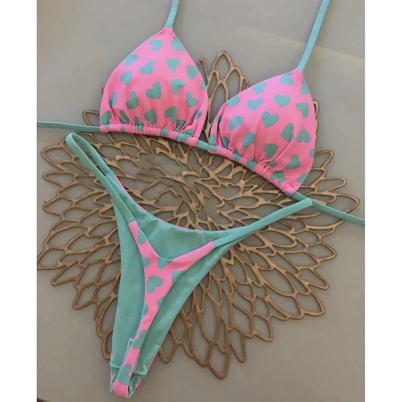 Sexy Bikini Set Bathing Suit Women Vintage Print Halter Lace-up Thongs Bikini Push Up Y2k Fashion Chic Beach Style Sexy Swimsuit