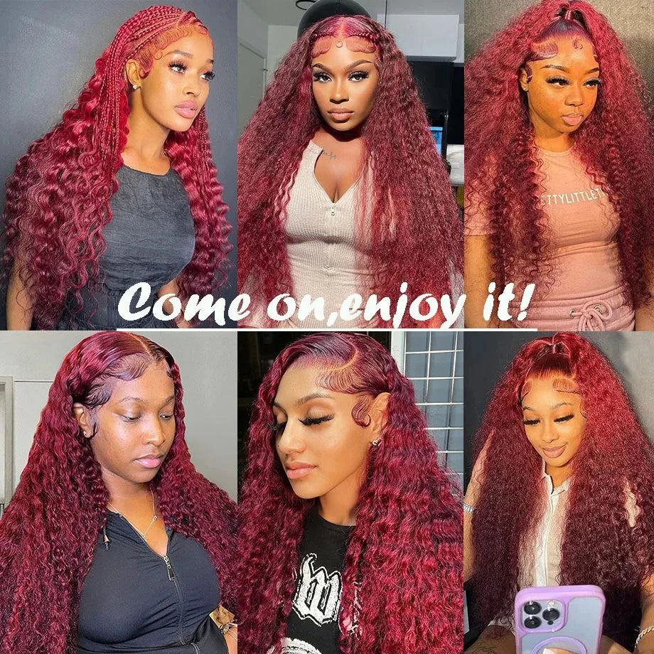 300 Density Deep Wave 99J Burgundy 13x6 Hd 100% Human Hair Lace Frontal Wigs 13x4 Brazilian Curly 30 34Inch Color Lace Front Wig