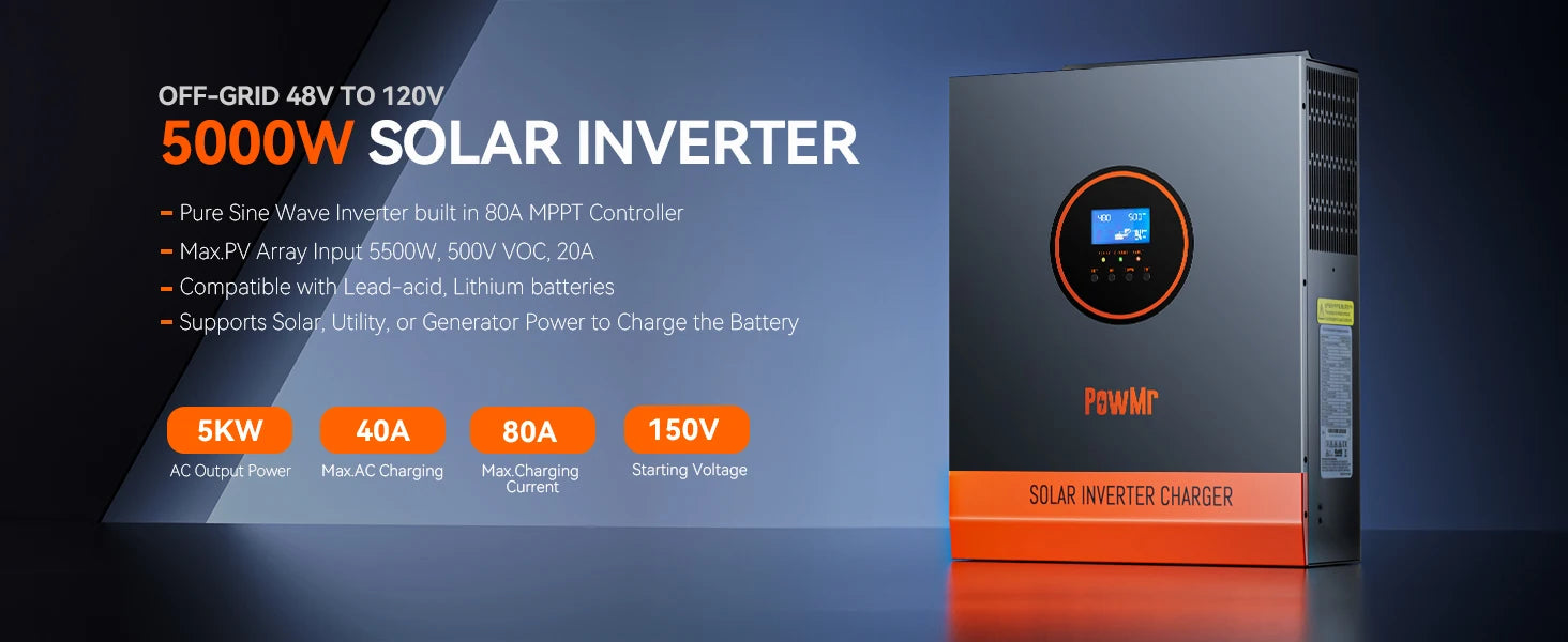 PowMr 2 MPPT 10KW 48V DC to 120V/240V AC Split-Phase Pure Sine Wave Hybrid Inversor With 200A MPPT Solar Charger Max PV 500Vdc
