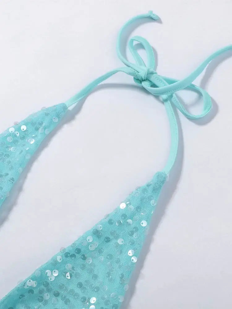 Women's Bikinis And Tankinis Beach Swimsuit Vacation Sparkly Sequin Set Halter 3-Piece Swimwear Summer Woman Clothes Pool Party