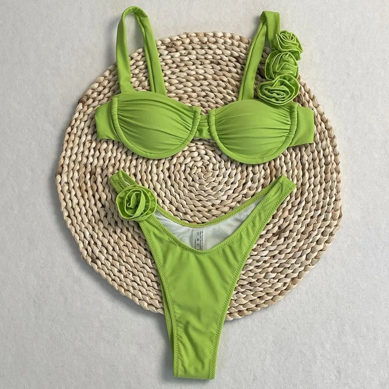 Style Flower Bikinis Women's 2 Piece 3D Rose Bikini Set High Cut Cheeky Swimsuit Floral Appliques Bathing Suit