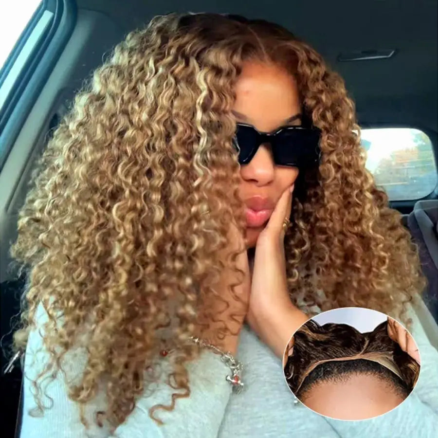 Deep Wave Honey Blonde Glueless Wigs Human Hair Pre Cut Highlight Wear and Go Curly Wigs for Women Ombre HD Lace Front Wig