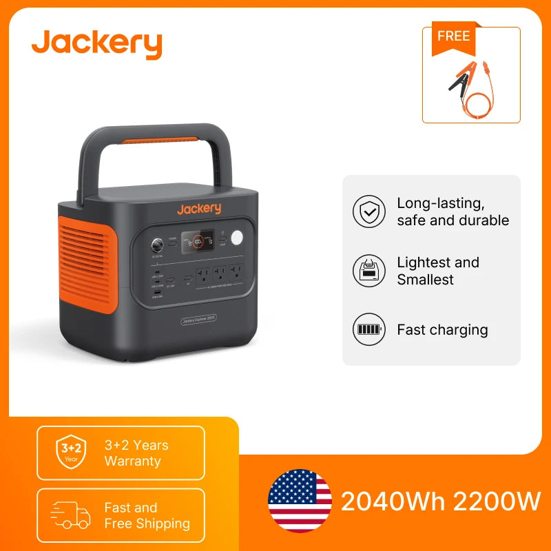 Jackery Explorer 2000 v2 with 12V Charging Cable,2200W output and 2040Wh of LiFePO₄ (LFP) capacity,5 years Warranty