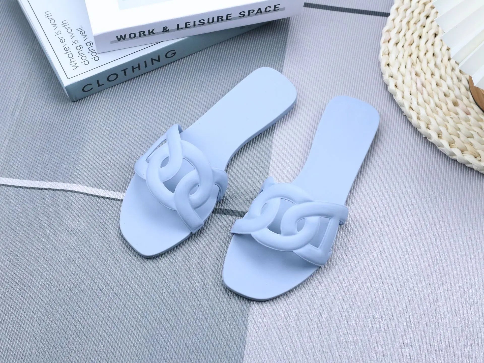 Summer women's one-word sandals daily leisure shopping beach wear flat shoes versatile solid color hollow