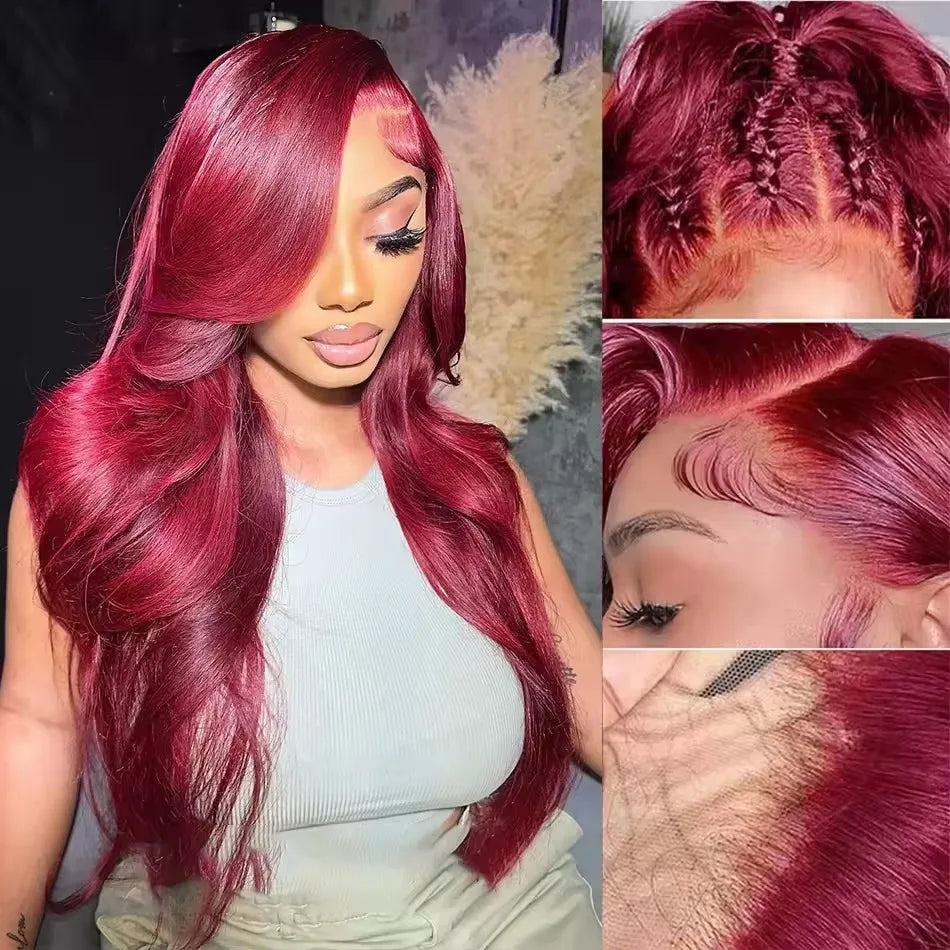 13x6 HD Lace Frontal Human Hair Wig 13x4 Lace Front Wigs Human Hair Brazilian Lace Wigs 99j Body Wave 200 Density Burgundy  5×5