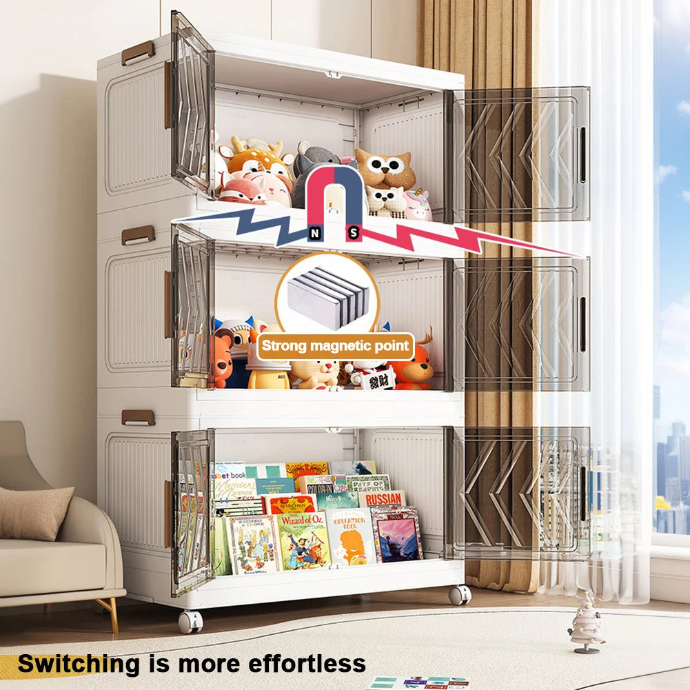 4 Tier Folding Storage Boxes with Doors & Wheels Plastic Storage Containers Foldable Organization for Living Room Bedroom Office