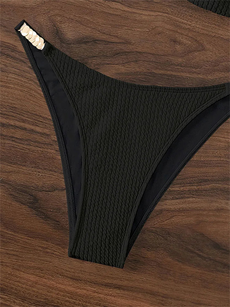 Sexy U Neck Bikini Set Women Solid White Black Push Up Pleate Micro Swimsuit 2024 Brazilian Cut Out Bathing Suit Thong Swimwear