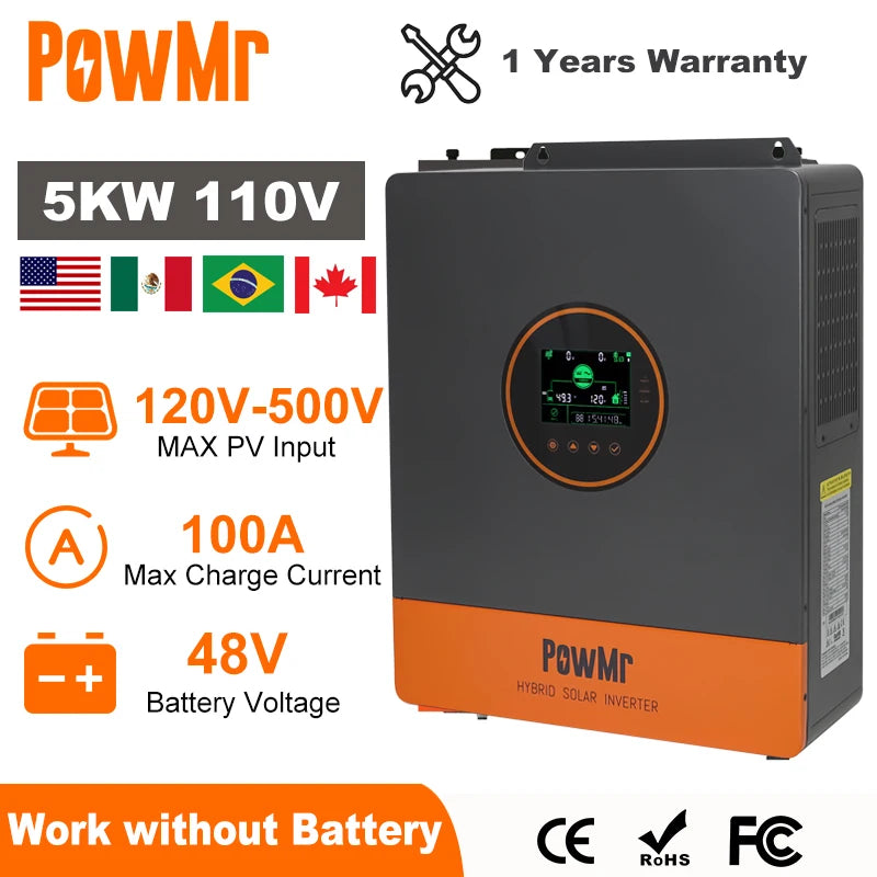 PowMr 5KW Split Phase Inverter 48V 110V Off Grid Pure Sine Hybrid Solar Inverter with MPPT 100A Battery Charger Parallel Up to 6
