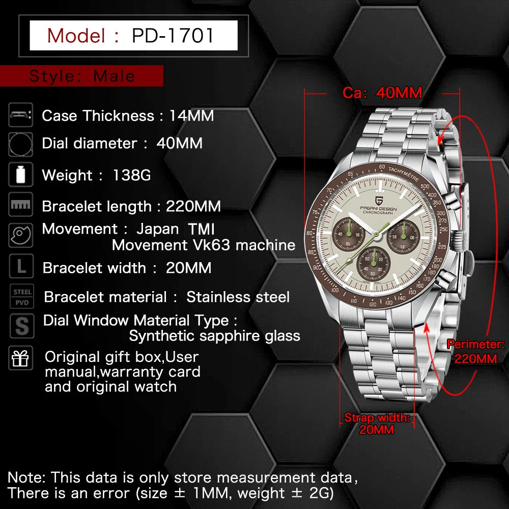 PAGANI DESIGN 2026 New Saturn Watch Luxury Quartz Watches For Men Stainless steel Luminous AR Sapphire crystal Chronograph Man
