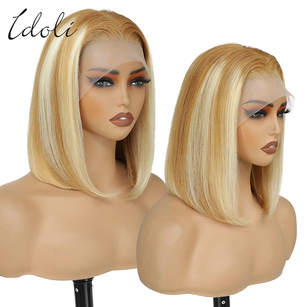 P27/613 Lace Front Wig Human Hair 13x4 Wear And Go Glueless Wigs Human Hair HD Blonde Highlight Lace Front BOB Wig Human Hair