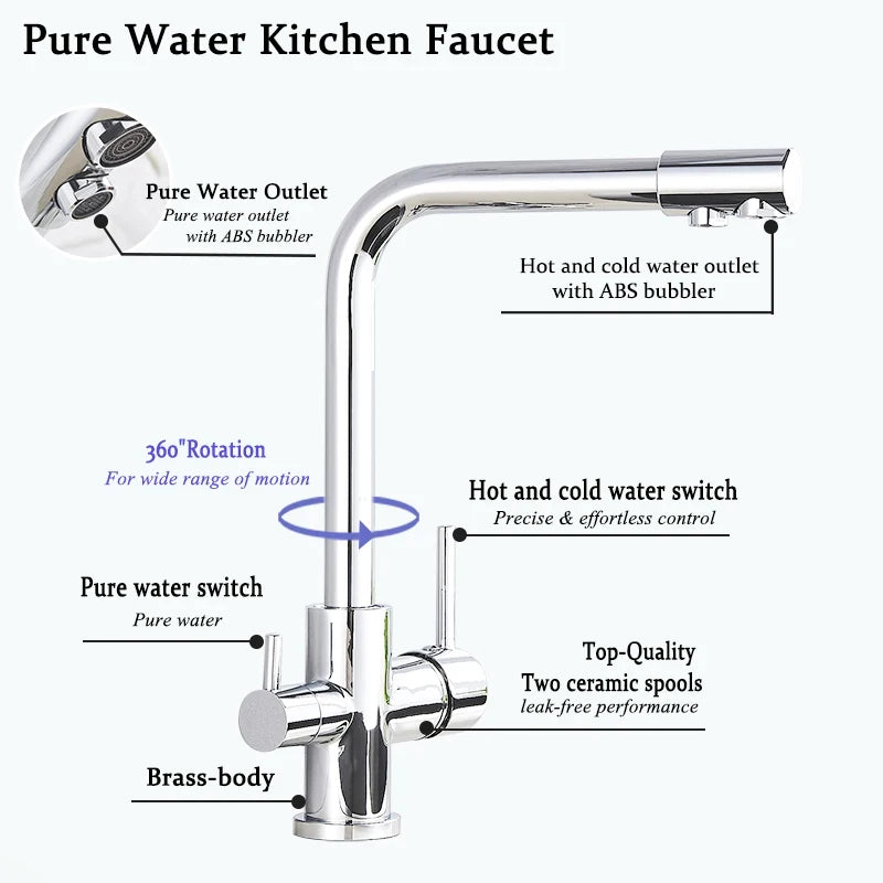 Chrome Kitchen Faucet Dual Swivel Spout Drinking Water Filter Brass Purifier Vessel Sink Mixer Tap Hot and Cold Water Torneira