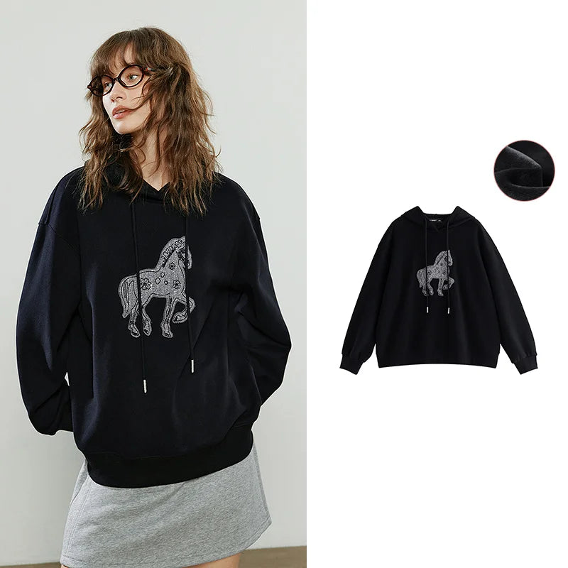TOYOUTH Women Hoodies 2025 Winter New Loose Crew-neck Warm Applique Embroidery Tops