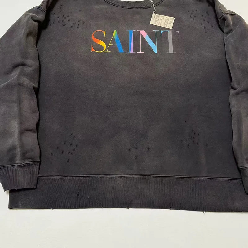 New Letter Print SAINT Hoodies Men Woman Retro Washed Damaged High Street Pullover Sweatshirts Loose Casual Good Quality