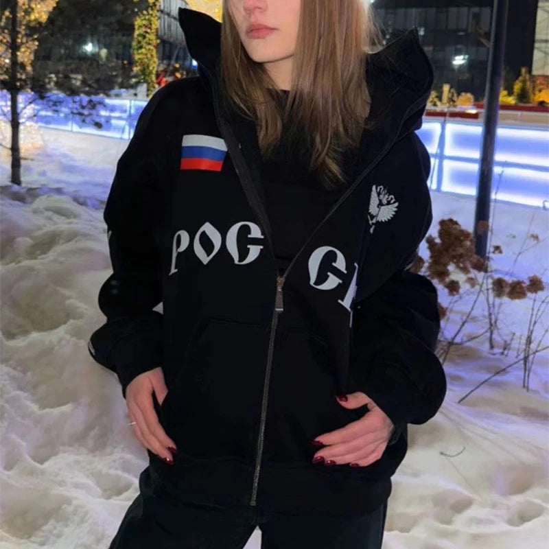 Y2K Clothes Men's Hip Hop Autumn Russia Hot Sale Vintage Double Zip Hoodies Lettering Graphic Hoodies Sweatshirts Casual Jacket