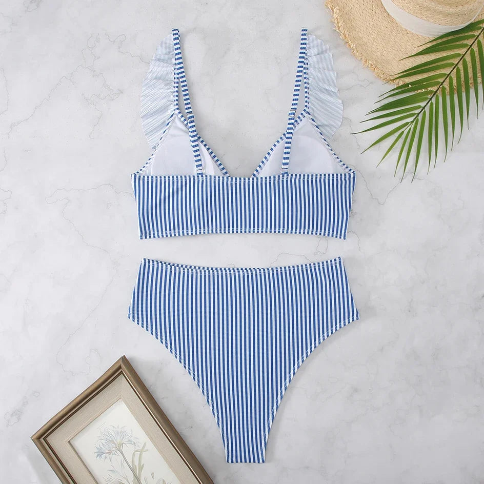 Sexy Striped Ruffle Bikini Swimsuit Women 2025 Two-piece Swimwear High Waisted Bikinis Sets Female Bathing Suit Push Up Monokini