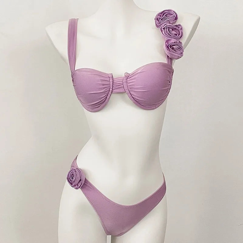 Style Flower Bikinis Women's 2 Piece 3D Rose Bikini Set High Cut Cheeky Swimsuit Floral Appliques Bathing Suit