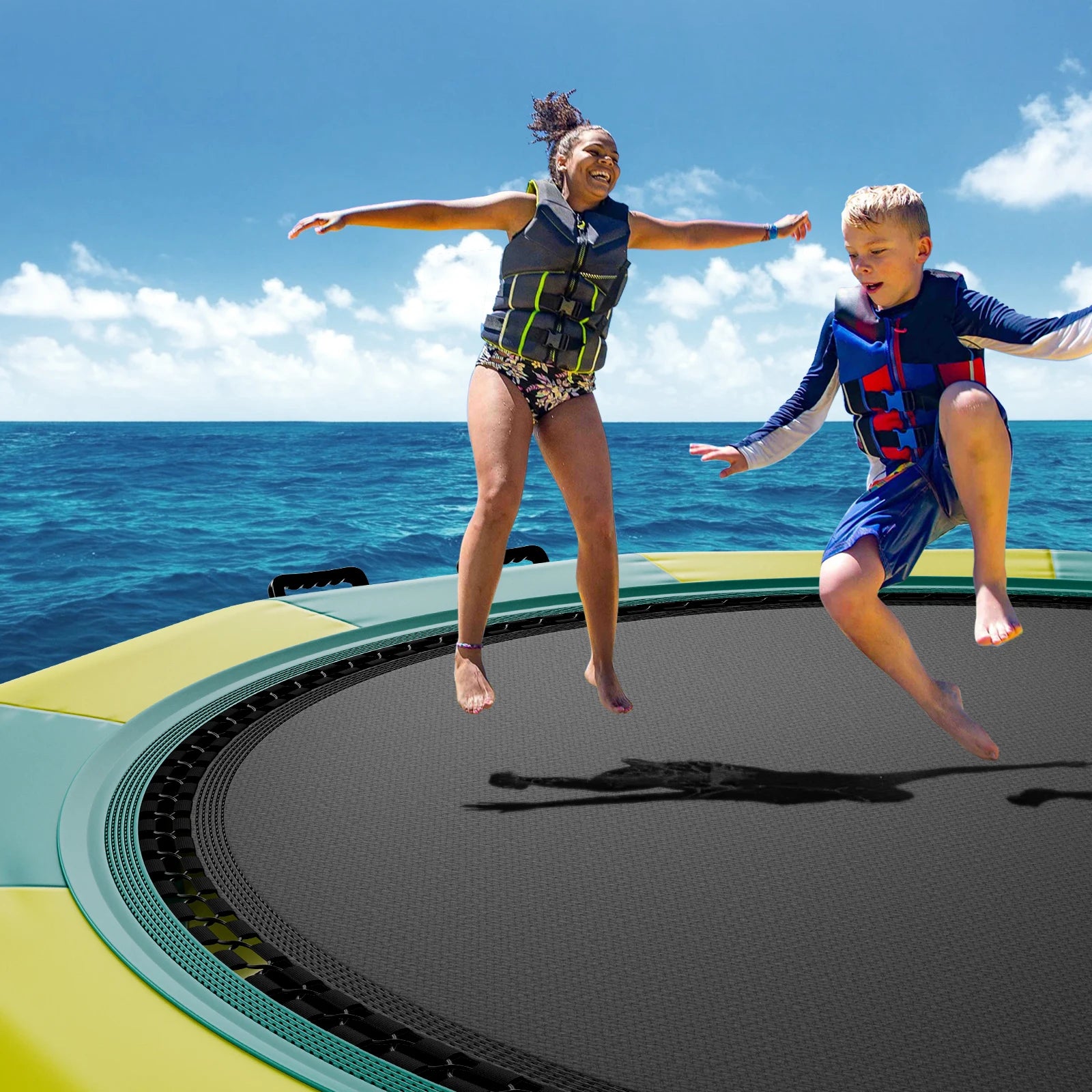 SucceBuy 12ft Inflatable Water Bouncer Recreational Water Trampoline Portable Bounce Swim Platform with Slide 3-Step Ladder