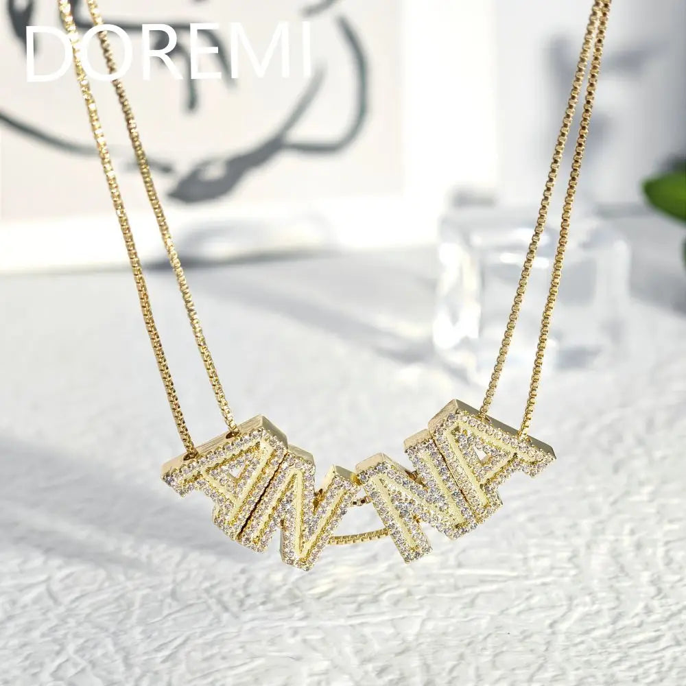 DOREMI 2024 New Custom Gold Plated Initial Letter CZ Zircon Double Chain Slide Name Necklace for Women Anniversary Jewelry Gifts