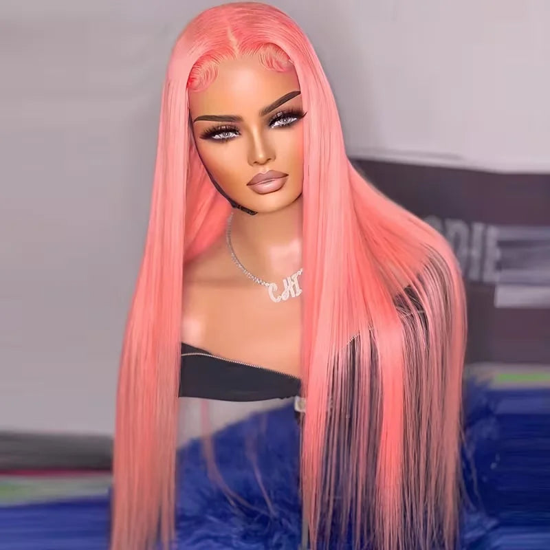 Pink Straight Human Hair Wigs 13X4 13X6 Hd Lace Frontal Wigs 32 36 Inch 220% Density Brazilian Human Hair Preplucked For Women
