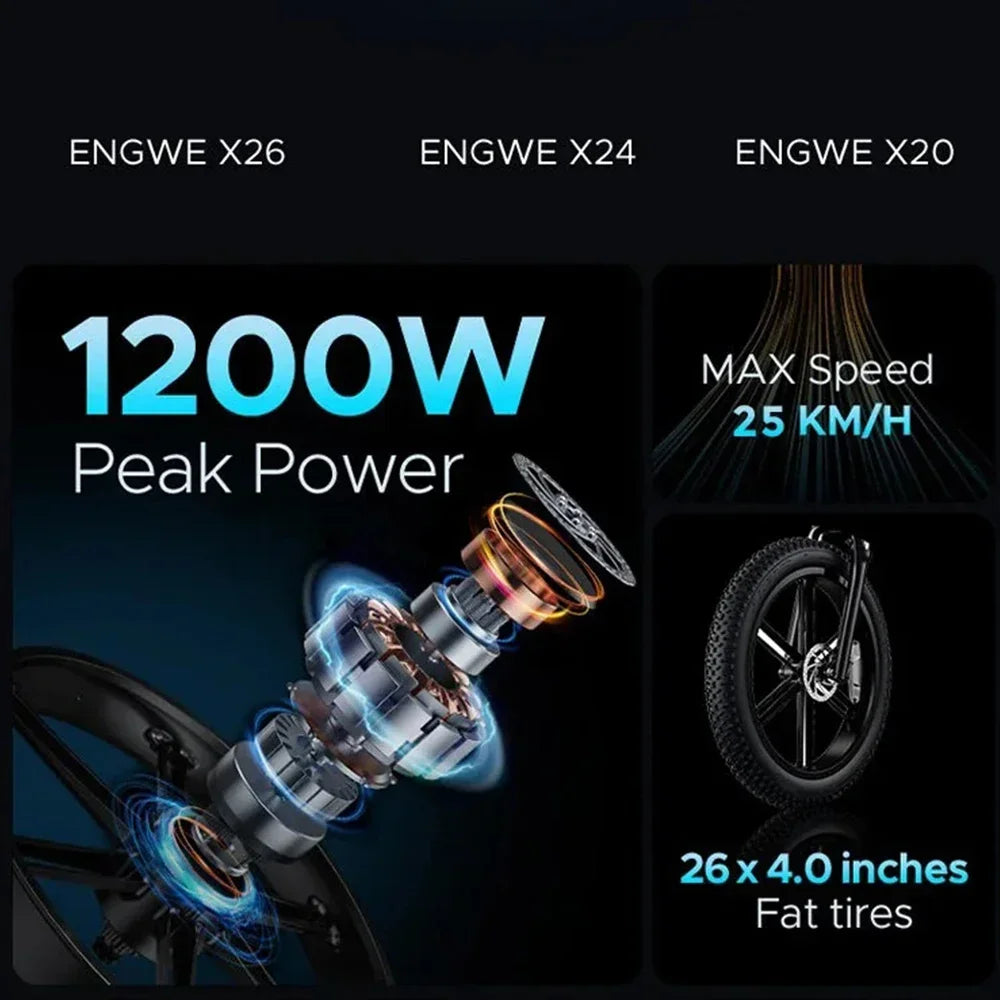 Electric Bicycle 1200W motor 48V 29AH Folding Mountain E-bike Engwe X26 X24 X20 26Inch Fat Tire Urban Commuting Electric Bike