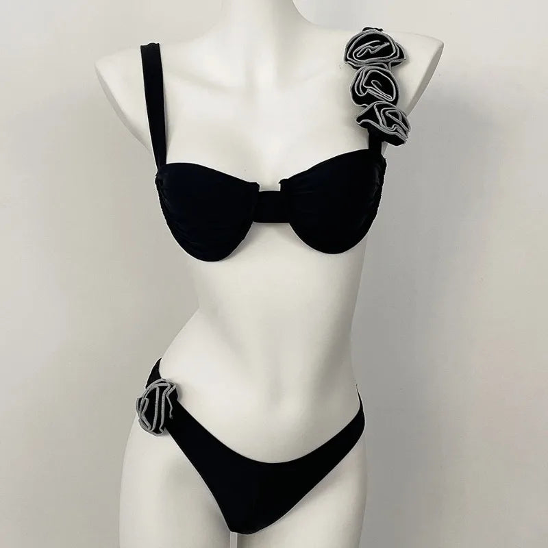 Style Flower Bikinis Women's 2 Piece 3D Rose Bikini Set High Cut Cheeky Swimsuit Floral Appliques Bathing Suit