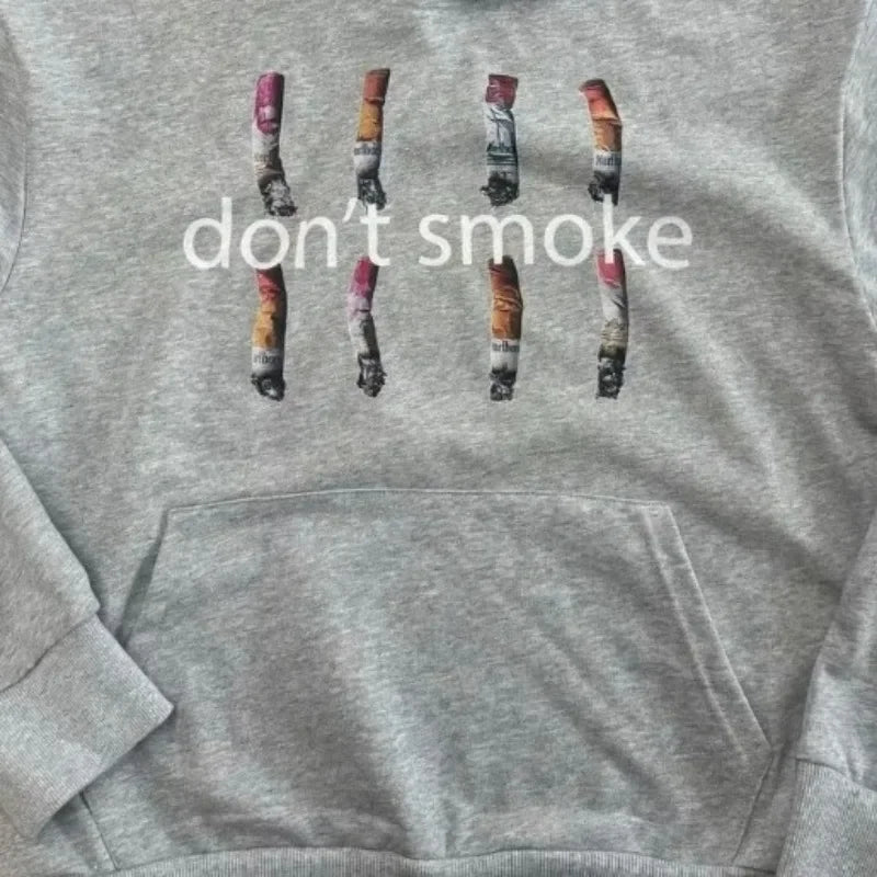 Y2K Gray Sports Hoodie Retro Smoke Print Sweater Men Women New Fashion Vintage Classic Hip Hop Streetwear Clothing Loose Jacket