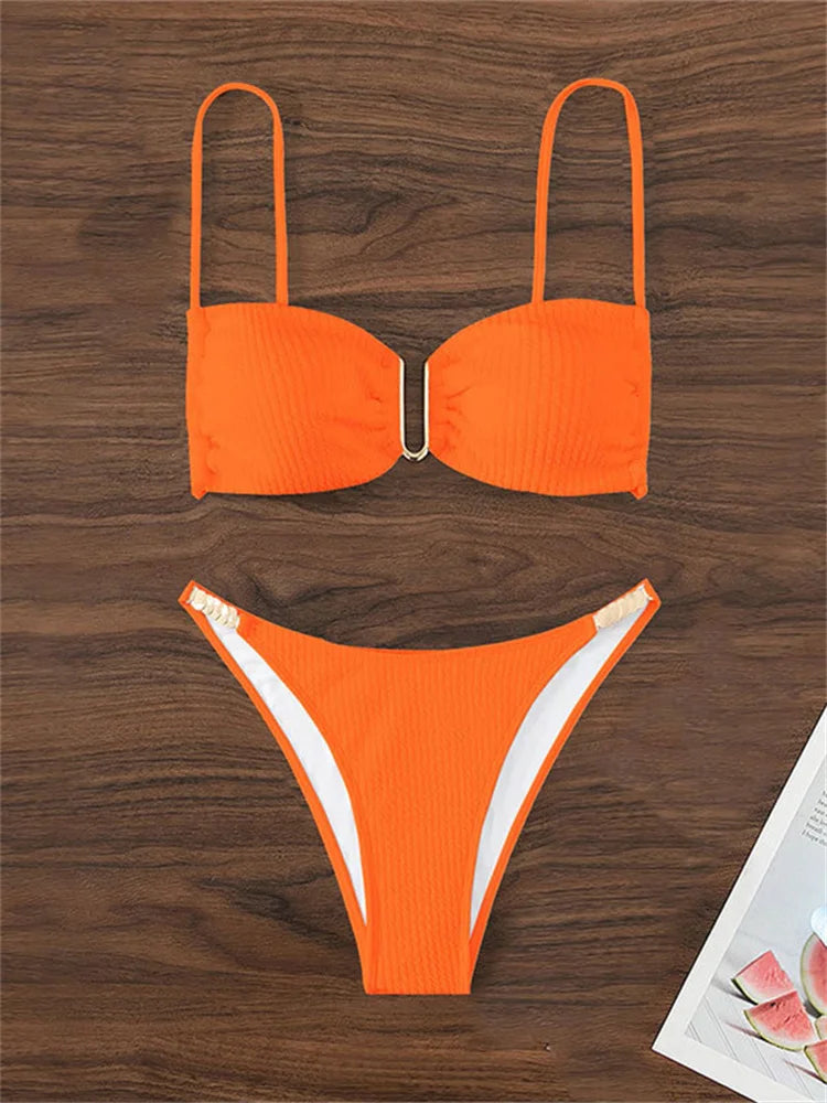 Sexy U Neck Bikini Set Women Solid White Black Push Up Pleate Micro Swimsuit 2024 Brazilian Cut Out Bathing Suit Thong Swimwear
