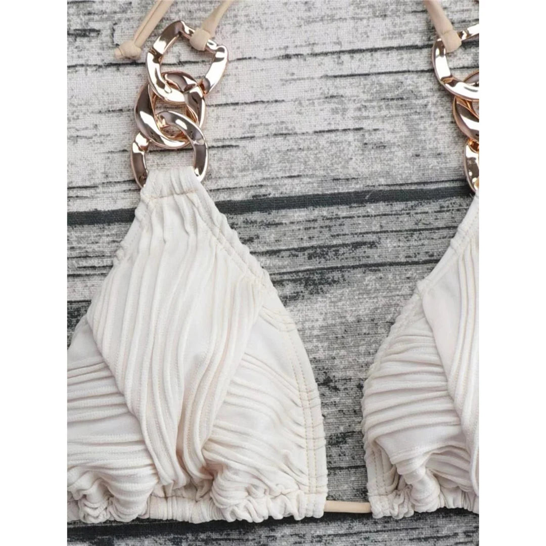 Sexy Metal Rings Halter Wrinkled Bikini Female Swimsuit Women Swimwear Two-pieces Bikini set Bather Bathing Suit Swim Lady K4149