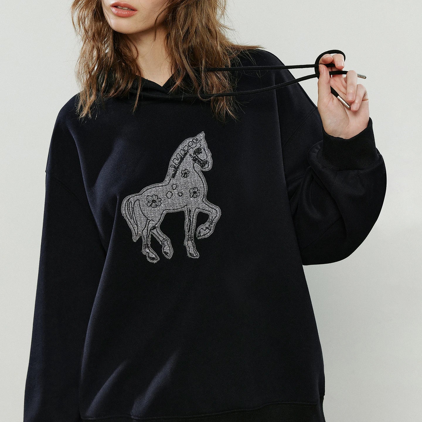TOYOUTH Women Hoodies 2025 Winter New Loose Crew-neck Warm Applique Embroidery Tops