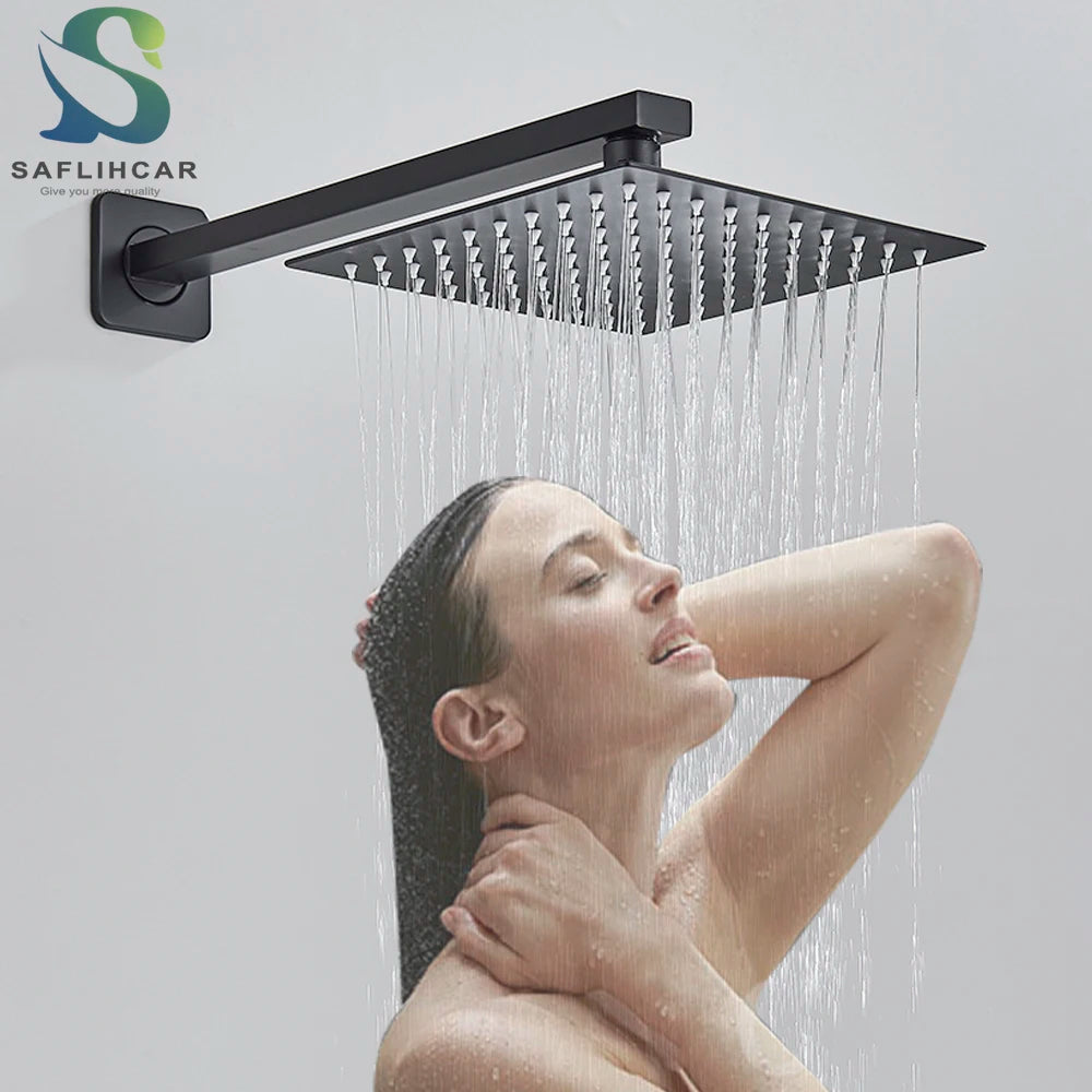 Stainless Steel Black Shower Head 8/10/12 Inch Chrome Rainfall Bath Head Wall Mounted Bathroom Accessories