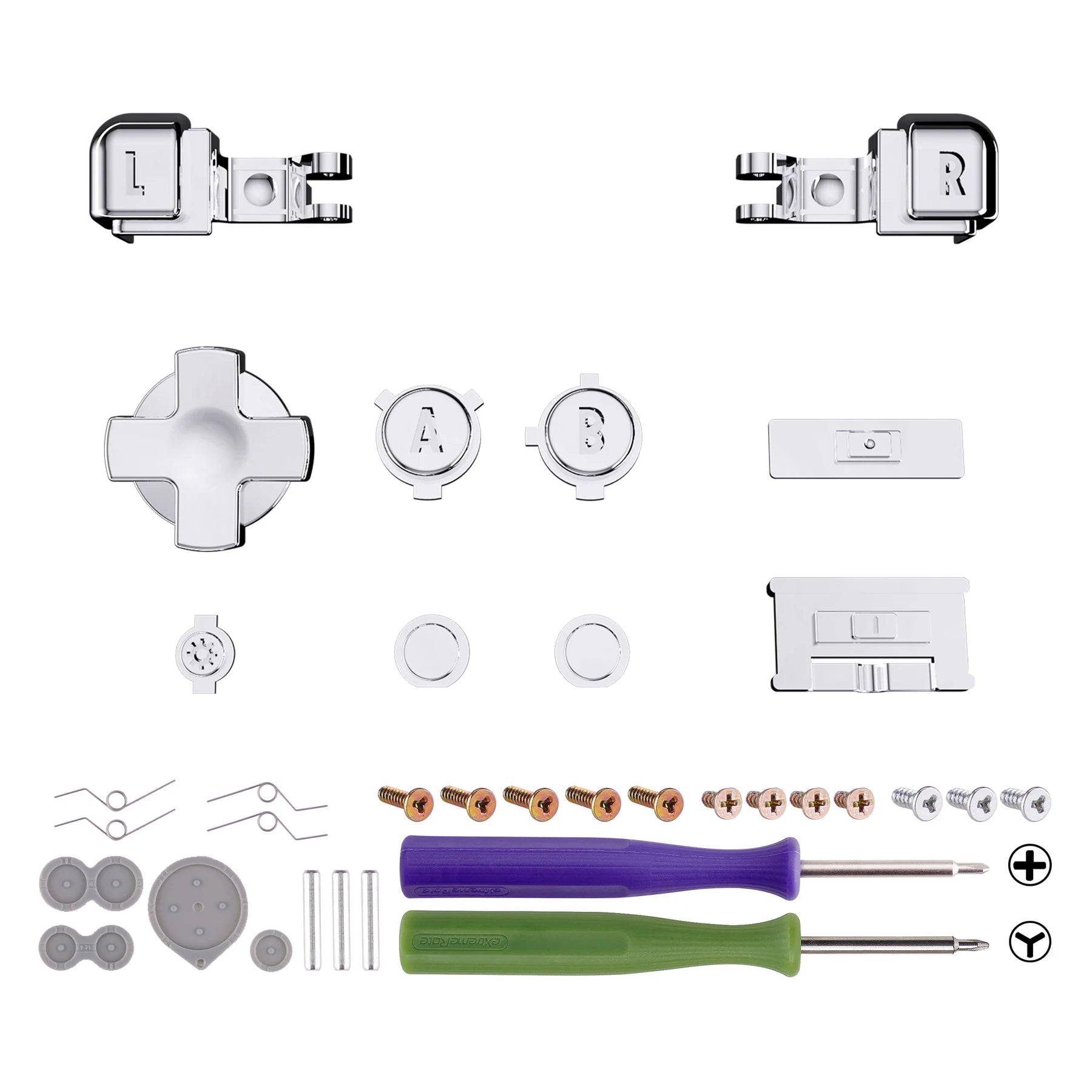 eXtremeRate Chrome Gold & Chrome Silver Full Set Buttons, A B L R Button Power On Off Volume Button D-pad Key for GBA SP Console