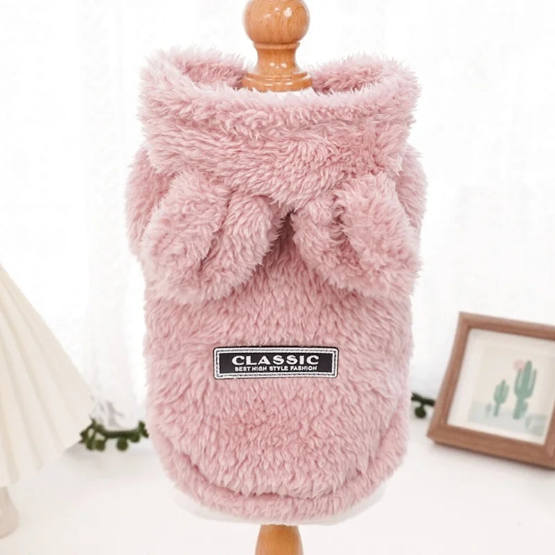 Fashion Plush Dog Hoodies Coat Winter Warm Dog Clothes Rabbit Pattern Cat Jacket Cute Solid Puppy Hoodies Bichon Pet Jacket Coat