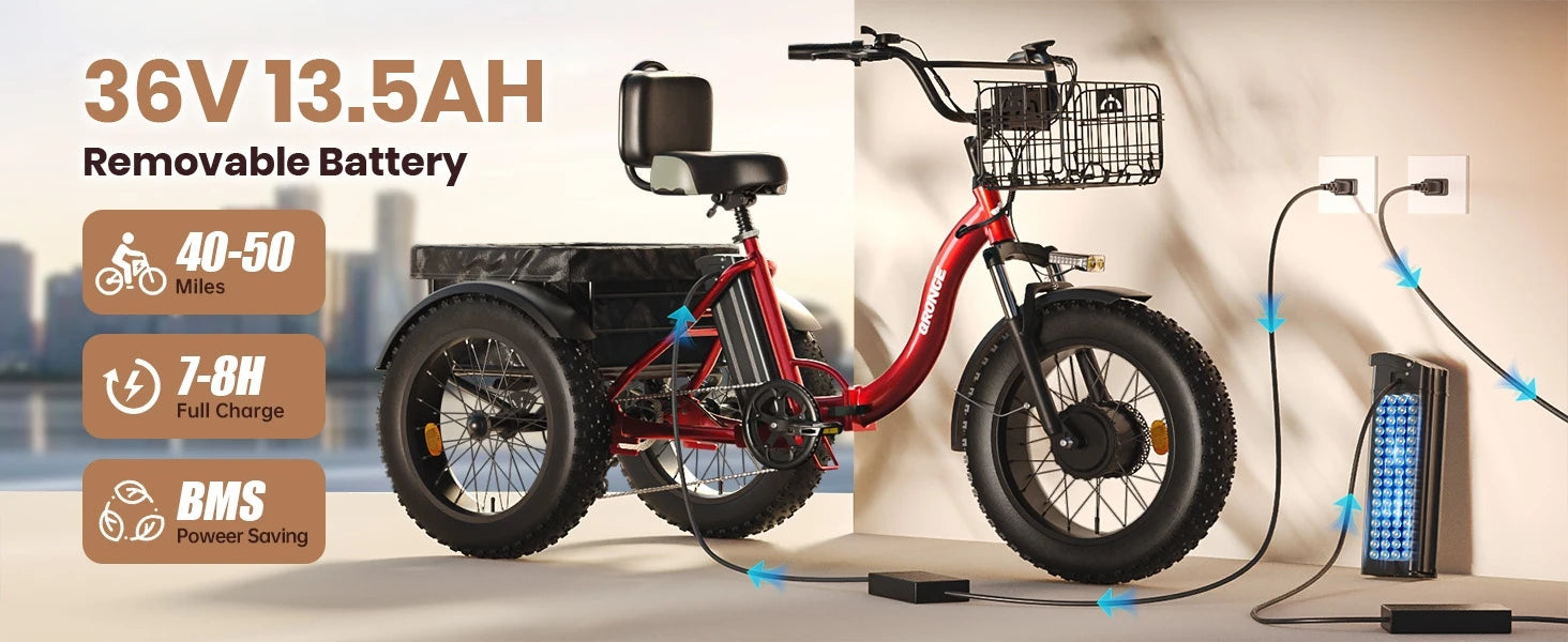 QRONGE Electric Bike for Adults 960W Peak 36V 13.5AH Battery Folding Electric Tricycle 50 Miles Range Fat Tire Electric Trike