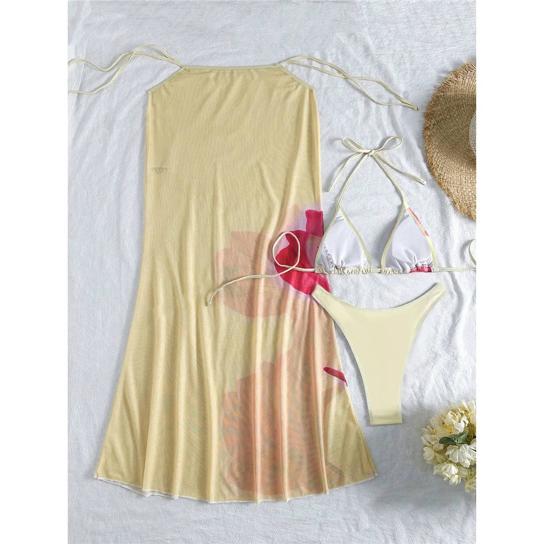 XS - L With Cover Up Flowers Halter Bikini Female Swimsuit Women Swimwear Three-pieces Bikini set Bather Bathing Suit Swim K6800