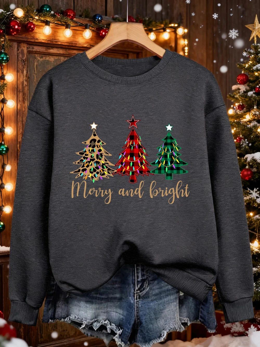 Merry Christma Funny Trees Printing Sweatshirt Women Loose Basics Hoodies Fleece Crewneck Clothes Winter Warm Woman Pullover