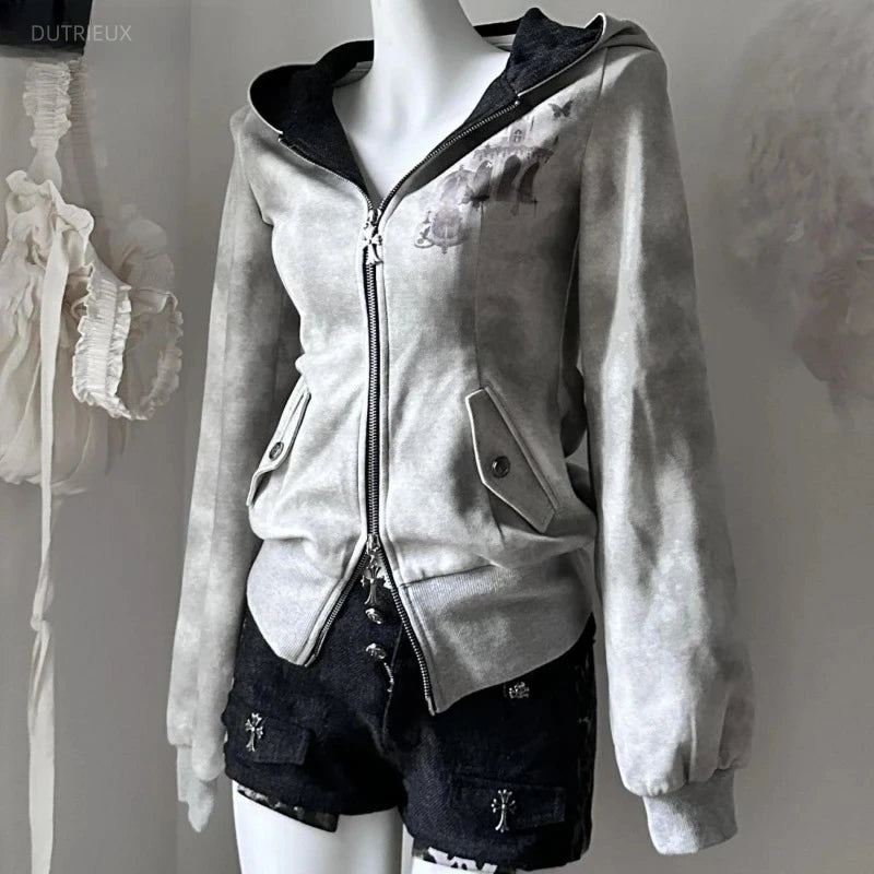 Y2k Aesthetic Vintage Printing Pocket Hoodies Gothic Fairy Grunge Hooded Jackets Autumn Women Double Zippers Punk Sweatshirt