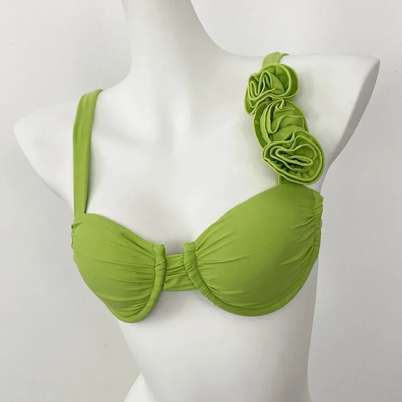 Style Flower Bikinis Women's 2 Piece 3D Rose Bikini Set High Cut Cheeky Swimsuit Floral Appliques Bathing Suit