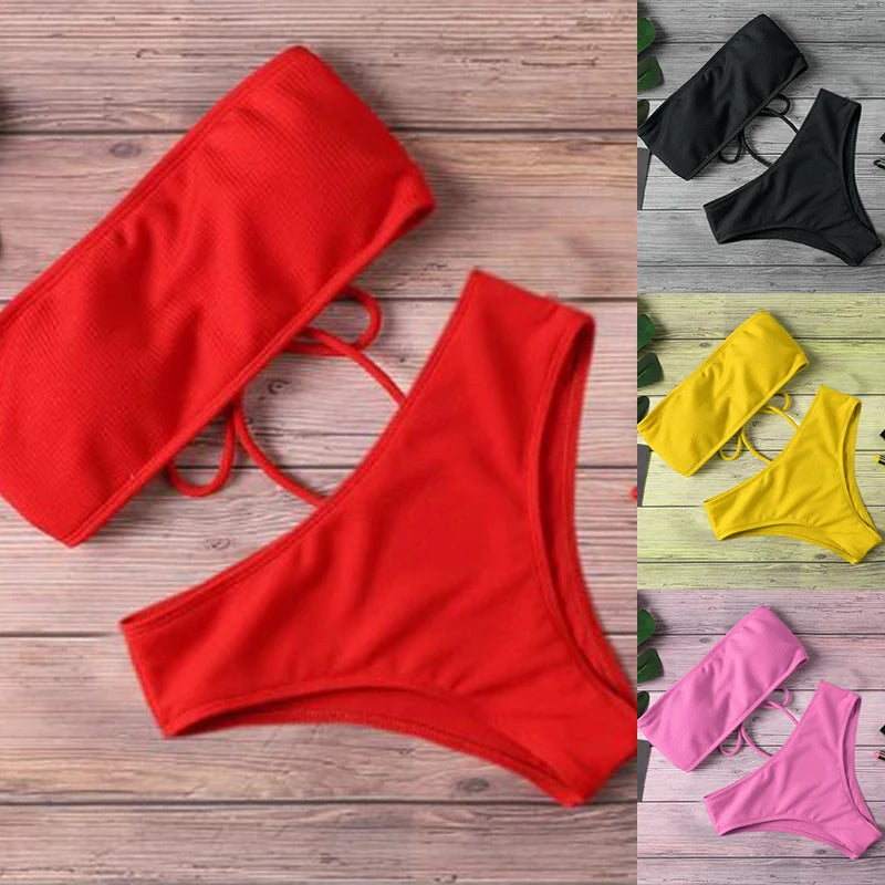 Sexy Bikinis Solid Push Up Bikini Hot Sale Padded Bra Straps High Waist Swimsuit Female Swimwear Women Biquini For Ladies 2024
