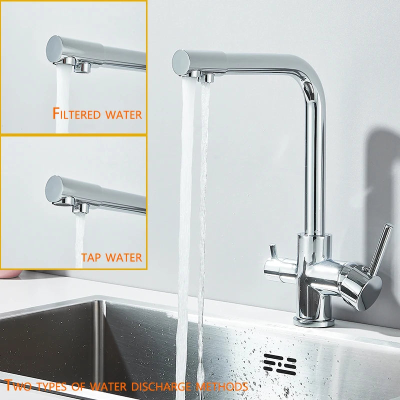 Chrome Kitchen Faucet Dual Swivel Spout Drinking Water Filter Brass Purifier Vessel Sink Mixer Tap Hot and Cold Water Torneira