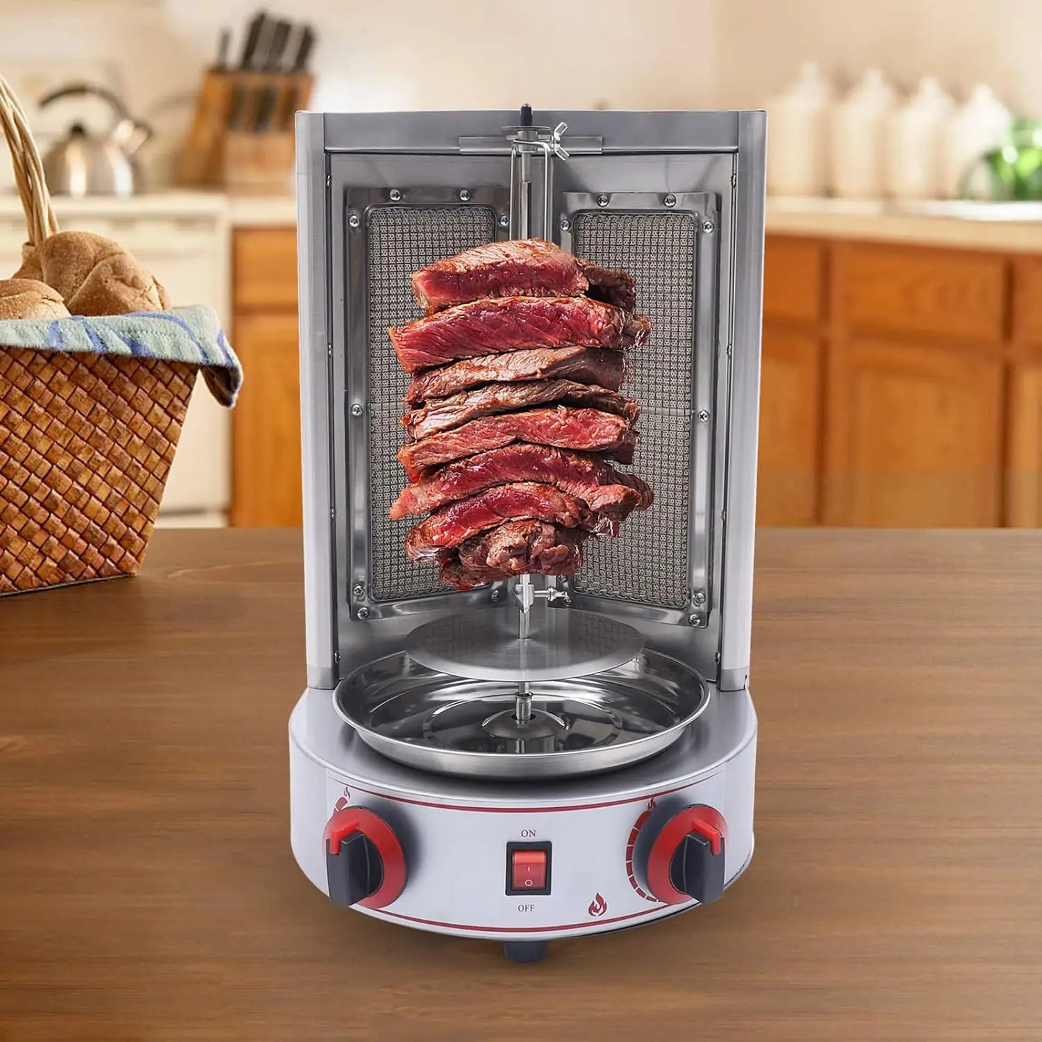 Electric Vertical Broiler 360° rotating Shawarma Gas Rotisserie Gyro Grill Machine with 2 Burner for Commercial Home Kitchen