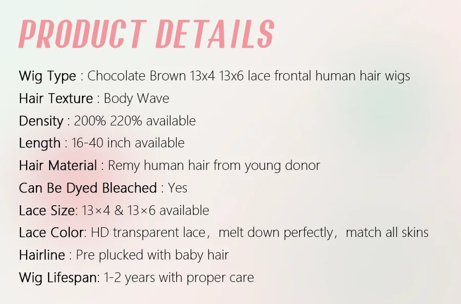 220Density HD Chocolate Brown 13x4 Body Wave Lace Front Wig Brazilian 13x6 Lace Frontal Wigs For Women Remy Human Hair Wig