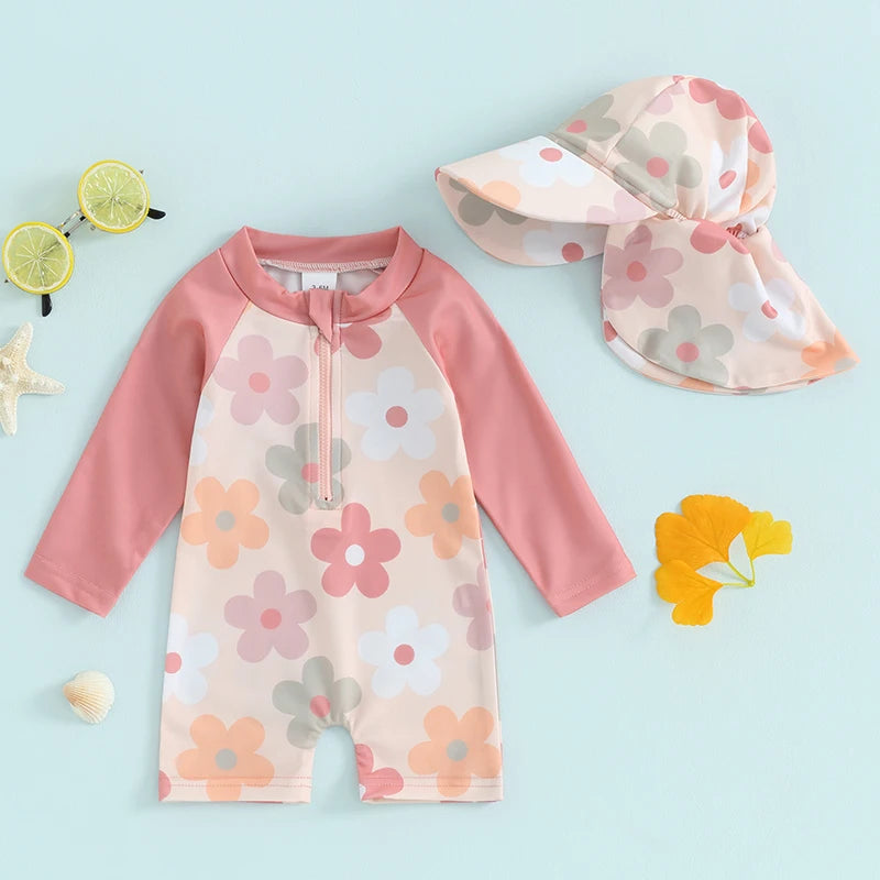 Lioraitiin Newborn Baby Girls Swimwear Infant Swimsuit Rash Guard Bathing Suit Toddler Beach Long Sleeve Zip Up Summer