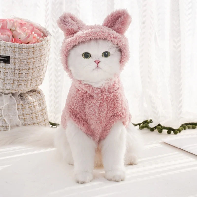 Fashion Plush Dog Hoodies Coat Winter Warm Dog Clothes Rabbit Pattern Cat Jacket Cute Solid Puppy Hoodies Bichon Pet Jacket Coat