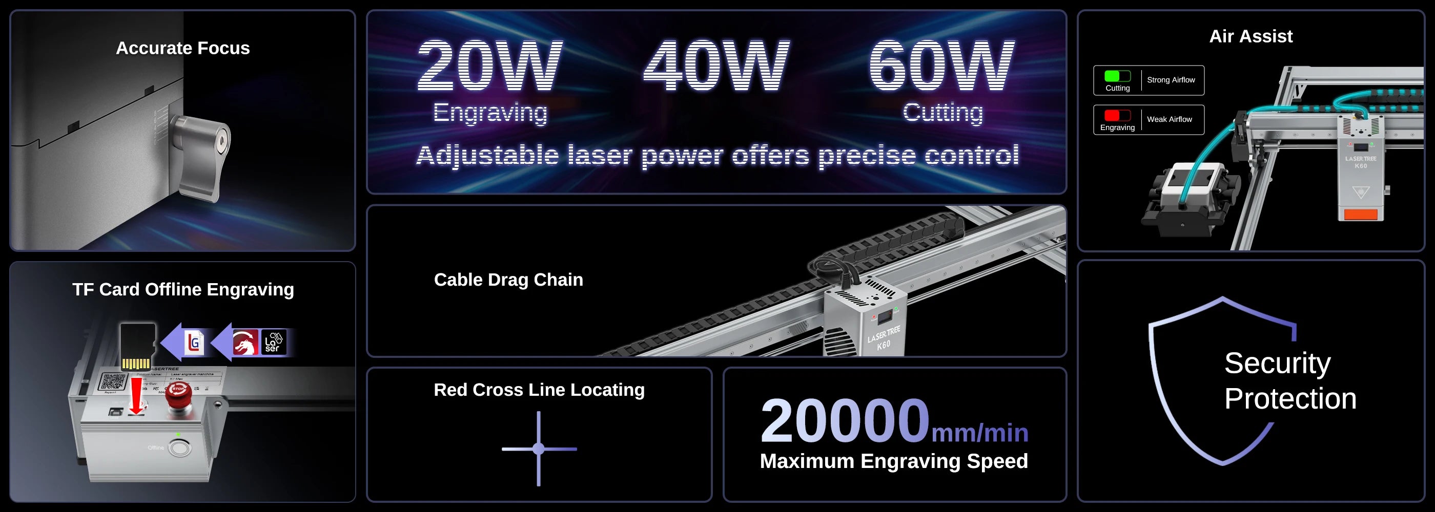 LASER TREE K1 MAX 60W Laser Engraver with Air Pump Honeycomb Panel Engraving Cutting Blue Light Machine Working Area 800×600mm